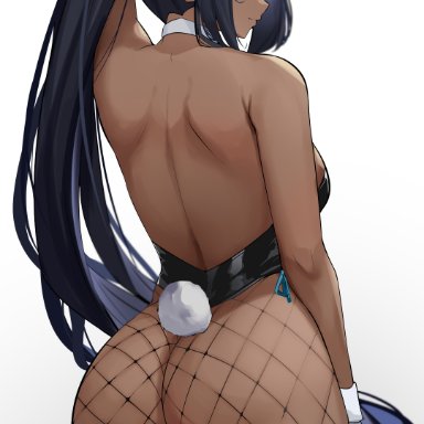 1girls, 2021, arms up, artist signature, ass, ass focus, back, back view, backboob, backless outfit, black hair, black leotard, blue archive, breasts, brown skin