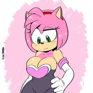 1girls, amy rose, amy rose (rouge cosplay), anthro, big breasts, black nose, blush, breasts, cleavage, cosplay, curvaceous, curvy, curvy figure, eyelashes, fur