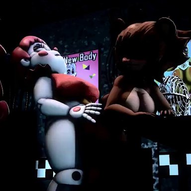 1futa, 2girls, 3d, animated, animatronic, ass, big breasts, breasts, brown hair, cally3d, circus baby, five nights at freddy's, five nights in anime, freddy (fnaf), futanari