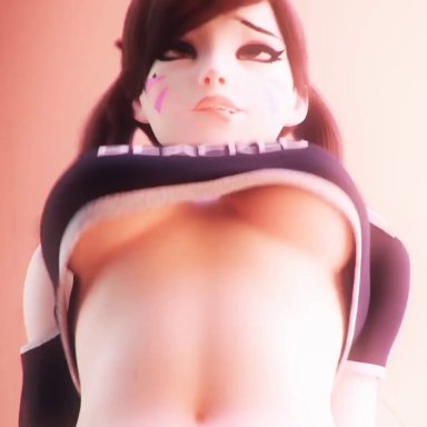 1girls, 3d, ahegao, animated, arm support, biting, black topwear, blacked, blacked clothing, bouncing breasts, breasts, brown hair, crop top, d.va, discko