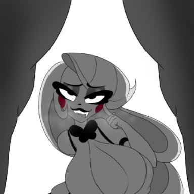 anon, big breasts, biting lip, blonde hair, bowtie, charlie magne (hazbin hotel), female, female protagonist, hazbin hotel, looking at genitalia, looking at penis, monochrome, overalls, overbite, seductive