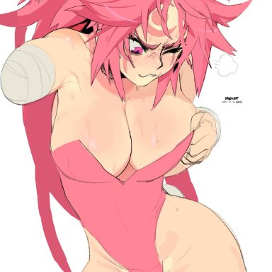 amputated arm, amputee, arc system works, baiken, bandage, big breasts, biting lip, brekkist, bunny ears, bunnysuit, busty, cleavage, embarrassed, eyepatch, guilty gear