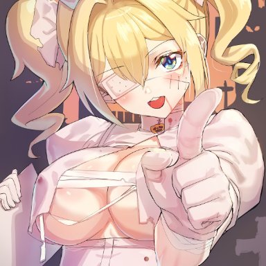 1girls, bandage, barbara (genshin impact), big breasts, blonde hair, blue eyes, breasts, eye patch, genshin impact, halloween, mk.36, nipple bulge, nipples, nurse, nurse cap