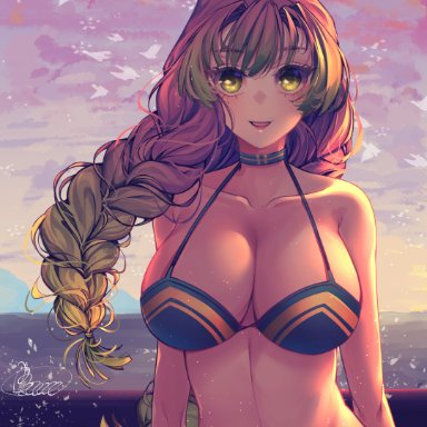 bangs, beach, big breasts, bikini, braided hair, choker, cleavage, demon slayer, detailed background, female, female only, green eyes, kanroji mitsuri, kimetsu no yaiba, long hair