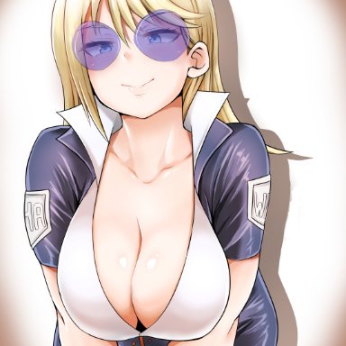 1girls, absurd res, adahcm, bent over, big breasts, blonde hair, blue-tinted eyewear, blue eyes, bodysuit, breasts, claire voyance (my hero academia), cleavage, closed mouth, collarbone, collared shirt