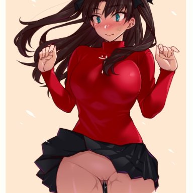 1girls, black hair, black skirt, blush, breasts, clothing, cross print, curvaceous, curves, dripping pussy, fate/stay night, fate (series), female, high resolution, long hair