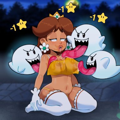 1girls, areolae, big breasts, boo (mario), breasts, large breasts, mario (series), mario party, nipples, princess daisy, somescrub, thick thighs, tongue, tongue out, wide hips