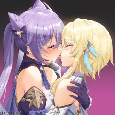 2girls, breasts pressed together, closed eyes, female, female focus, french kiss, french kissing, genshin impact, keqing (genshin impact), kissing, lesbian kiss, lumine (genshin impact), purple hair, tongue to tongue, yellow hair