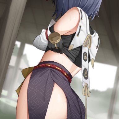 1girls, ass, barefoot, black hair, bubble ass, bubble butt, female, female only, genshin impact, hi res, japanese clothes, kujou sara, lifted by self, mask, mask on head