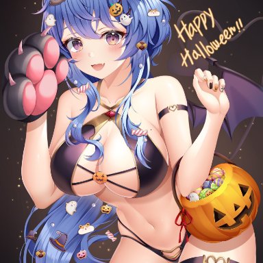 1girls, adeptus, big breasts, blue hair, bra, breasts, ganyu (genshin impact), genshin impact, halloween, horns, lingerie, panties, purple eyes, qilin, ssong2