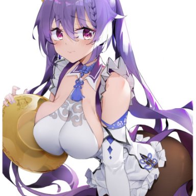 1girl, 1girls, big breasts, breast squeeze, busty, eyebrows visible through hair, female, female only, genshin impact, keqing (genshin impact), long hair, maid headdress, only female, pink eyes, purple eyes