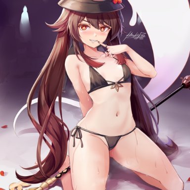 1girls, bikini, black bikini, blush, breasts, brown hair, female, female only, genshin impact, ghost, groin, hat, hi res, hiroki ree, hu tao (genshin impact)