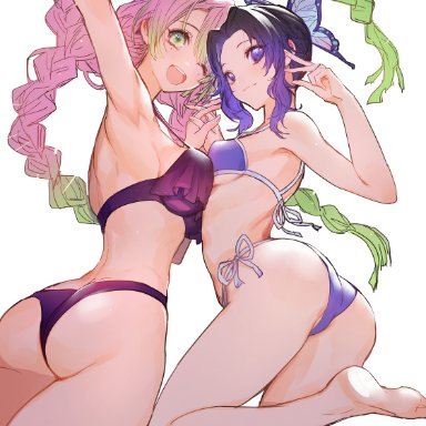 2girls, armpit, ass, back view, bangs, barefoot, big ass, big breasts, bikini, black hair, braided hair, breast press, breast size difference, butterfly hair ornament, demon slayer