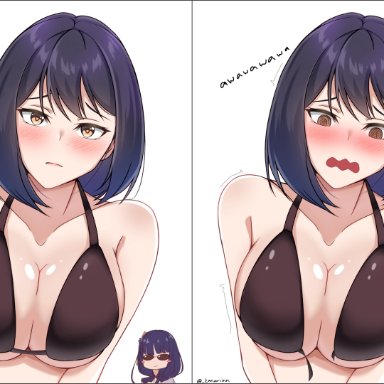 2girls, bare shoulders, bikini, black hair, blush, blush stickers, blushing, breasts, cleavage, comic, cut clothes, embarrassed, english text, female, female only