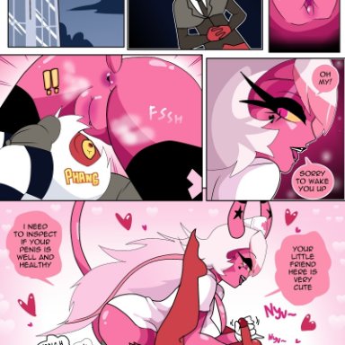 big breasts, carliabot, city, comic page, costume, demon girl, english text, facesitting, focus on pussy, forced oral, halloween costume, helluva boss, moxxie (helluva boss), nurse uniform, penis