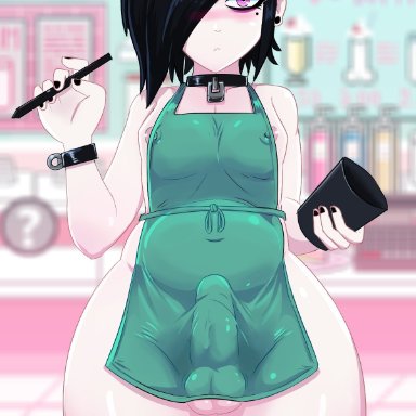 1boy, 2021, balls, beauty mark, black hair, black nails, blush, bottomless, bulge, collar, ear piercing, eyeshadow, femboy, girly, goth