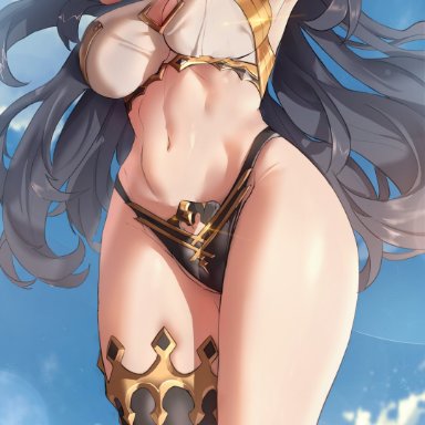 1girls, 2021, alternate breast size, armpits, arms behind head, arms up, black hair, black panties, blue sky, blush, breasts, deity, fate/grand order, fate (series), female