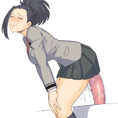 1girls, ambiguous penetration, big breasts, black hair, blush, breasts, dildo, dildo sitting, dyun, female, genital fluids, momo yaoyorozu, my hero academia, object insertion, school uniform