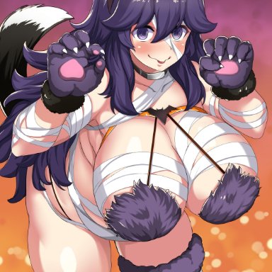 1girls, 2021, animal ear hairband, animal ears, bandages, breasts, female, female focus, female only, fur bikini, hairband, halloween, hex maniac, hi res, hips