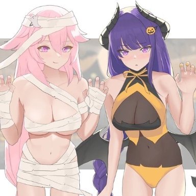 2girls, animal ears, big breasts, breasts, cleavage, demon, demon girl, demon horns, demon wings, fox ears, fox girl, genshin impact, halloween, horns, me0i