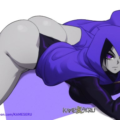 1girls, ass, big ass, big breasts, big butt, breasts, cape, dc, eye contact, female, kameseru, leotard, looking at viewer, purple hair, raven