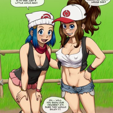 2girls, after anal, after sex, after vaginal, baseball cap, beanie, big breasts, blue eyes, blue hair, breasts, brown hair, camera view, cap, dawn (pokemon), dialogue