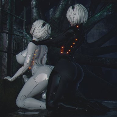 2futas, 3d, balls, big breasts, big penis, bodysuit, breasts, from behind, futa on futa, futa only, futanari, implied futanari, large breasts, nier, nier: automata