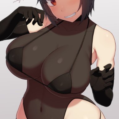 1girls, artist signature, bare shoulders, belly, belly button, big breasts, bikini, breasts, clenched teeth, curvaceous, curvy, curvy figure, demon horns, elbow gloves, eye contact