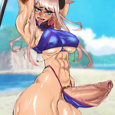 1futa, abs, arms up, balls, beach, big balls, big breasts, big penis, bottom heavy, bottomless, breasts, clothed, clothing, detailed background, erection