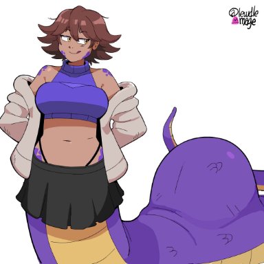 animated, belly expansion, brown hair, clothing, dark skin, dr-worm, female, lamia, lewdlemage, midriff, naga, no sound, post vore, purple scales, short hair