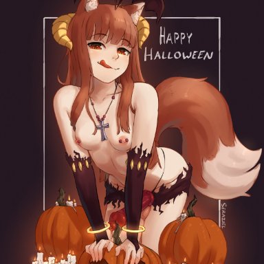 1futa, animal ears, animal genitalia, areolae, big penis, breasts, brown hair, canine penis, clothing, erection, fox ears, fox girl, fox tail, futa only, futanari