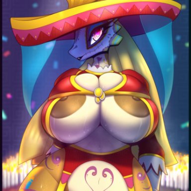 absurd res, anthro, areola, areola slip, big breasts, bodily fluids, bodypaint, bone, breast squish, breasts, cleavage, clothed, clothing, confetti, curvaceous