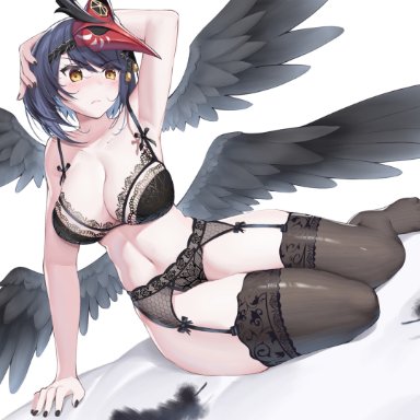 1girls, big breasts, black wings, blue hair, bra, breasts, four wings, genshin impact, himeliofon, kujou sara, lace, lingerie, mask, midriff, navel