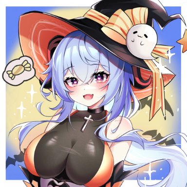 1girls, adeptus, akatsuki, barely contained, big breasts, blue hair, blush, breasts, choker, ganyu (genshin impact), genshin impact, halloween, heart-shaped pupils, horns, purple eyes