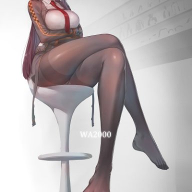 looking at viewer, sitting, suerte, thighs, toes, wa2000 (girls frontline)