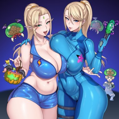 2girls, asa (teng zi), big breasts, blonde hair, blush, breast to breast, breasts, cameltoe, female, huge breasts, large breasts, long hair, luda (tail of desire), metroid, nintendo