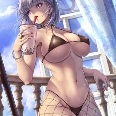 athena, bangs, big breasts, bikini, black bikini, boba tea, bracelet, bubble tea, choker, female, female only, fishnets, goddess, greek mythology, huge breasts