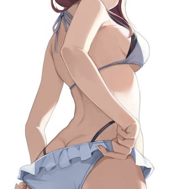 1girls, adjusting swimsuit, ass, bikini, breasts, butt crack, closed mouth, eyebrows visible through hair, female, female only, frilled bikini, frills, from behind, go-toubun no hanayome, hair between eyes