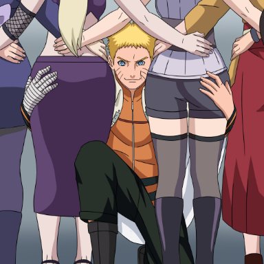 1boy, 6girls, ass, ass focus, ass grab, backboob, blonde hair, blue eyes, blush, boruto: naruto next generations, brother in law and sister in law, brown hair, cape, clothing, crop top