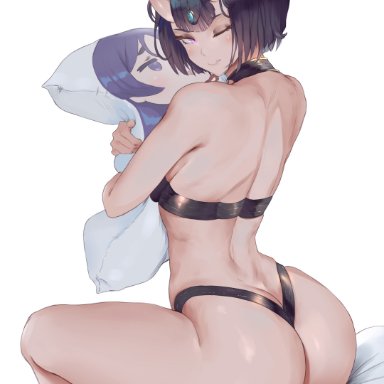 1girls, 2021, araneesama, artist signature, ass, ass focus, back, back view, black panties, black topwear, bodypillow, demon, demon girl, fate/grand order, fate (series)