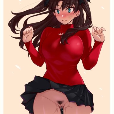 1girls, black hair, black skirt, blush, breasts, clothing, cross print, curvaceous, curves, dripping pussy, fate/stay night, fate (series), female, female pubic hair, high resolution