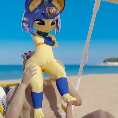accessory, animal crossing, animated, ankha, anthro, beach, blue eyes, blue hair, crossed arms, day, domestic cat, feet, footjob, hair accessory, human