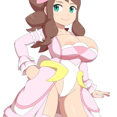1girls, areolae, big breasts, blue hair, breasts, brown hair, hilda (pokemon), kabeume, large breasts, leotard, long hair, nintendo, pokemon, pokemon bw, pokemon masters