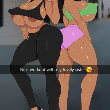 2girls, areolae, big ass, big breasts, black hair, breasts, danbi (rampage0118), dark-skinned female, dark skin, erect nipples, female, female only, leggings, long hair, nipples