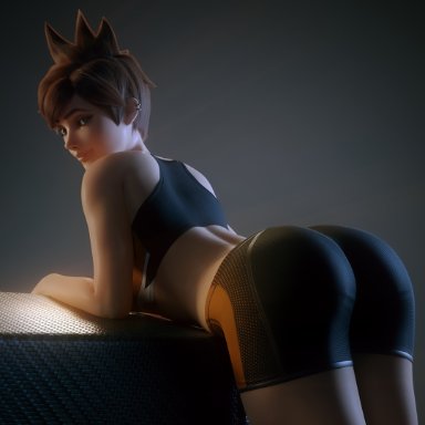 1girls, blizzard entertainment, brown hair, female, female only, gym uniform, high resolution, highres, overwatch, short hair, solo, tight clothing, tracer, vgerotica