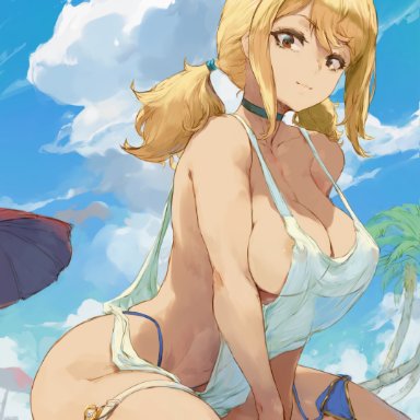 1girls, absurd res, areola slip, areolae, artist name, artist signature, beach, beach towel, beach umbrella, bikini, bikini bottom, bikini top, bikini top removed, bird, blonde hair