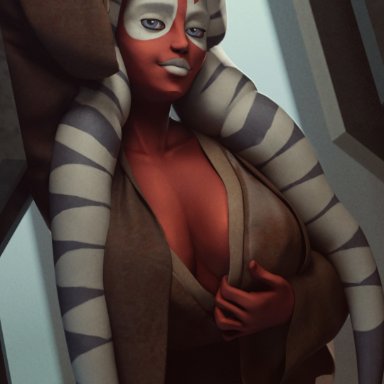 1girls, alien, big breasts, blue eyes, crossbowpussycat, facial markings, montrals, red skin, revealing clothes, robes, seductive, seductive smile, shaak ti, star wars, togruta