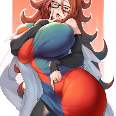 1girls, alternate breast size, android, android 21, ass, asymmetrical clothes, bangs, bare shoulders, black-framed eyewear, blue dress, blue eyes, blush, breasts, brown hair, come hither