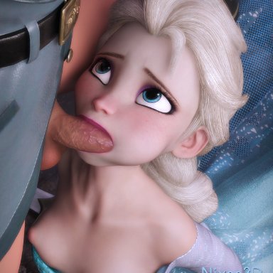 1boy, 1girls, blonde hair, blue eyes, braided hair, breasts, cheek bulge, disney, disney princess, elsa (frozen), erection, fellatio, female, frozen (movie), light-skinned female