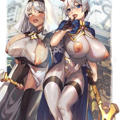 2girls, absurd res, alternate costume, bangs, blue eyes, blush, bodysuit, breasts, cleavage, cleric, closed eyes, clothed female, clothing, collar, cosplay